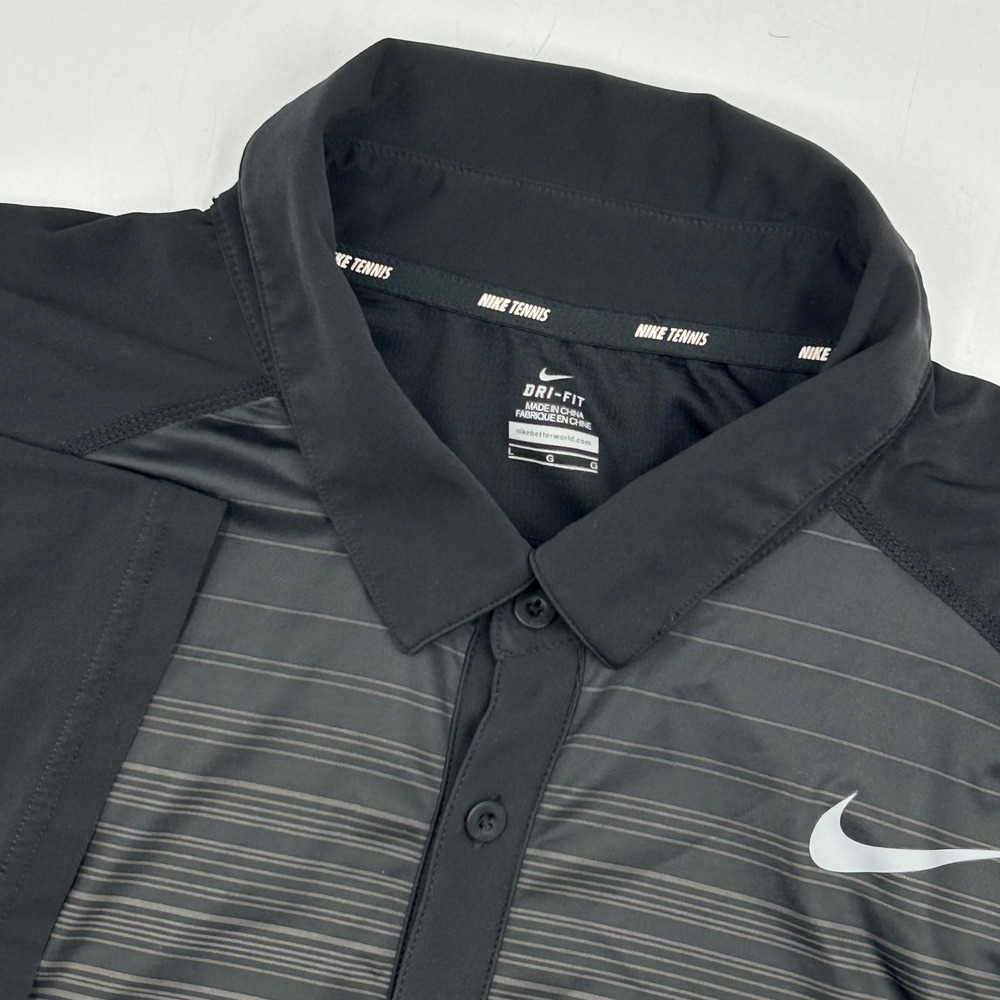 Nike Tennis Polo Shirt Black Mens Large Dri-FIT Striped Short Sleeve EUC